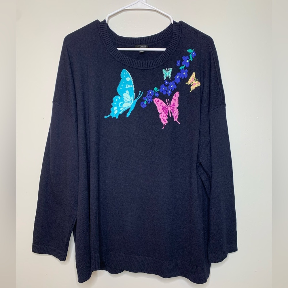 Talbots Plus Sweater Butterflies Flowers Dark Navy Size 3X